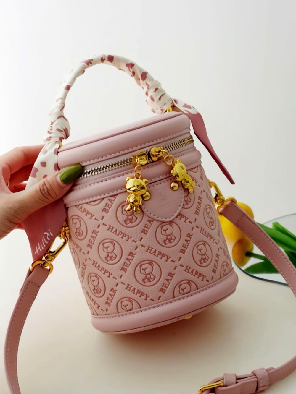 Pink Happy Bear Pattern Cylinder Crossbody Bag